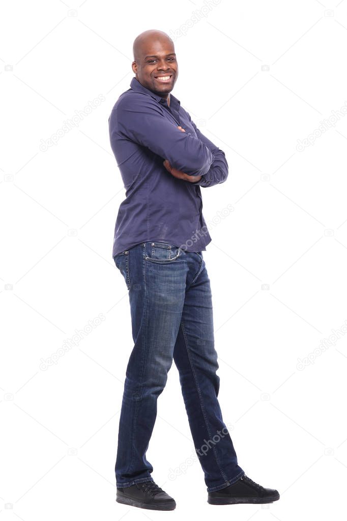 happy black man in front of a white background