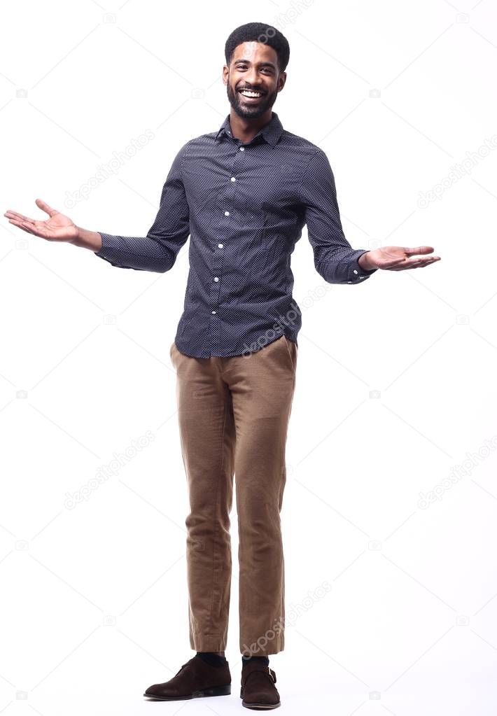 happy black man in front of a white background