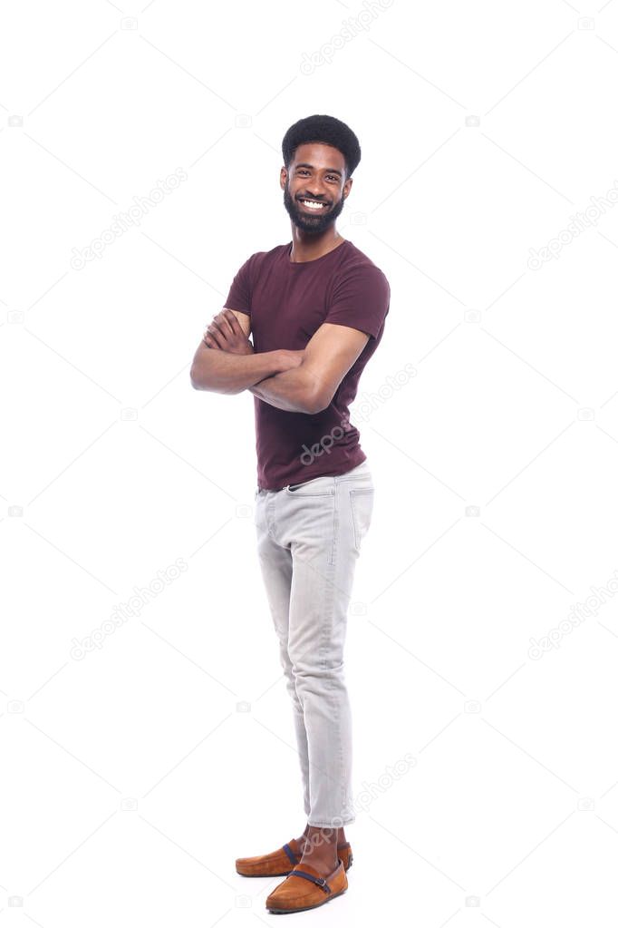 happy black man in front of a white background