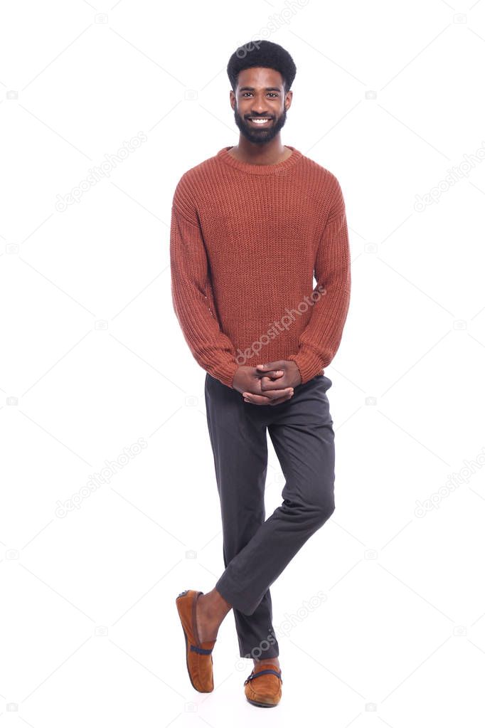 happy black man in front of a white background