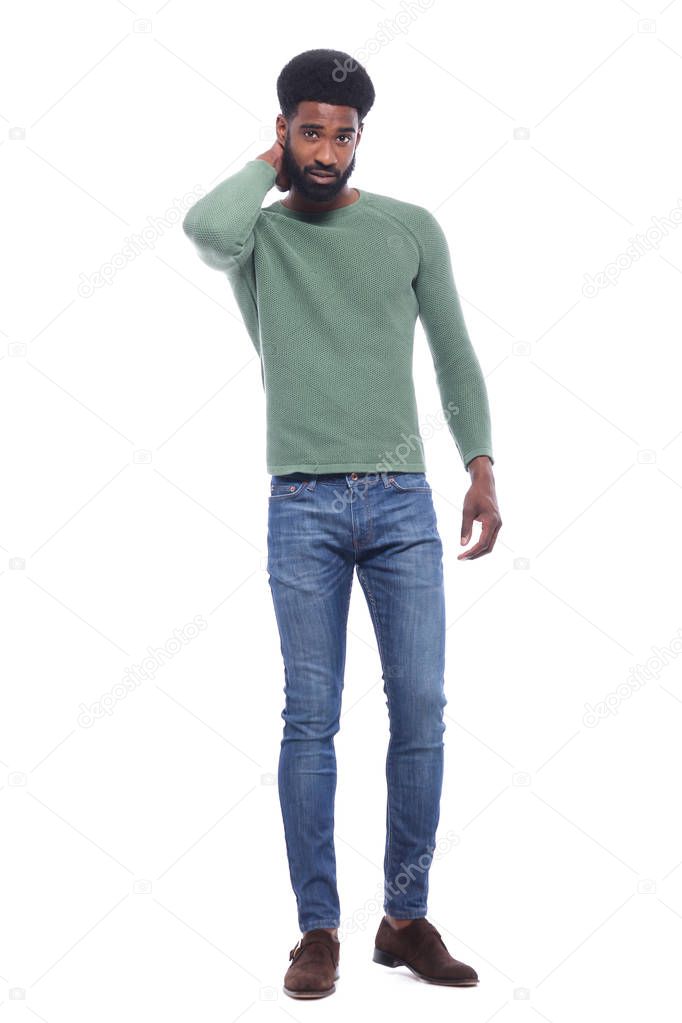 happy black man in front of a white background