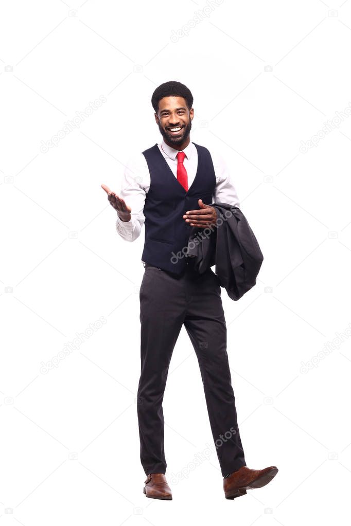 happy black man in front of a white background