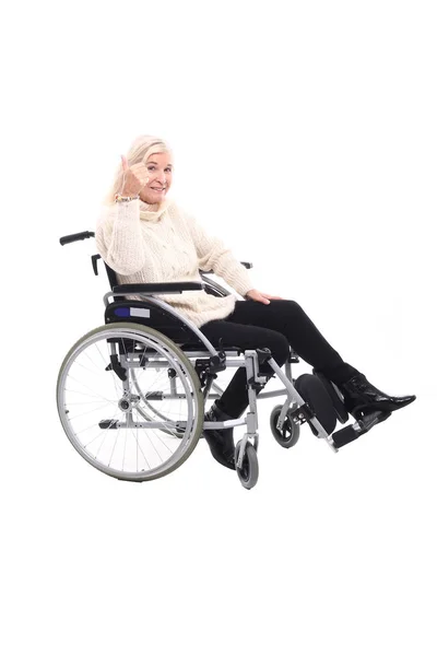 Beautiful injured grandma in front of a white background