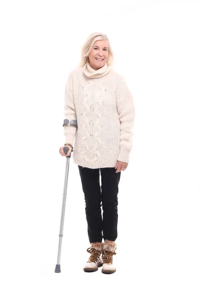 Beautiful injured grandma in front of a white background