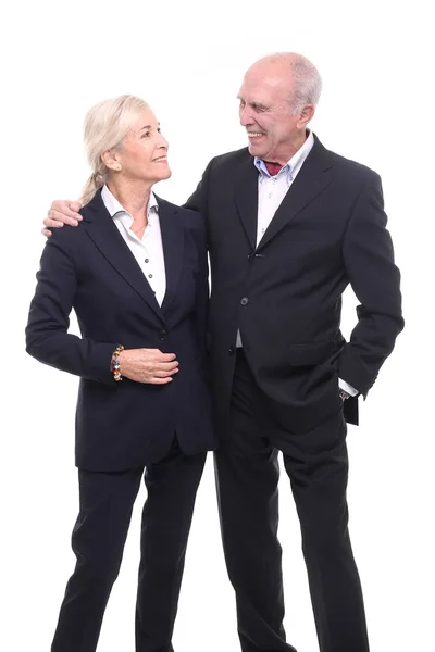 happy grandma and grandfather in front of a white background