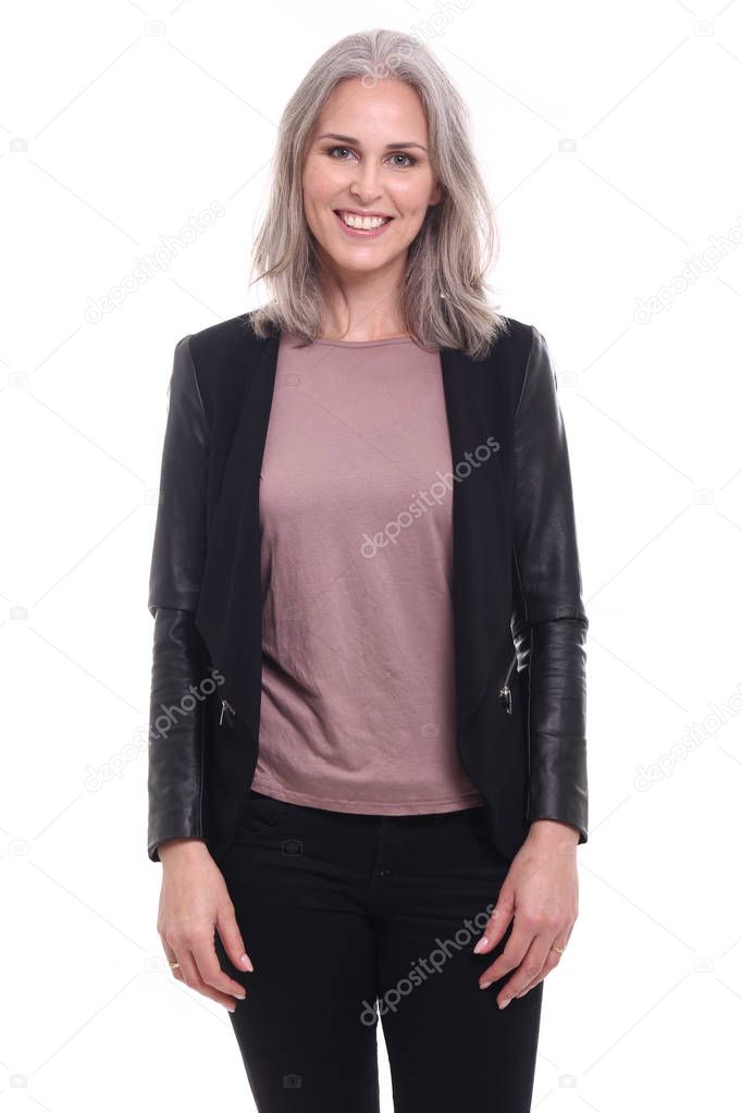 Beautiful caucasian woman in front of a white background