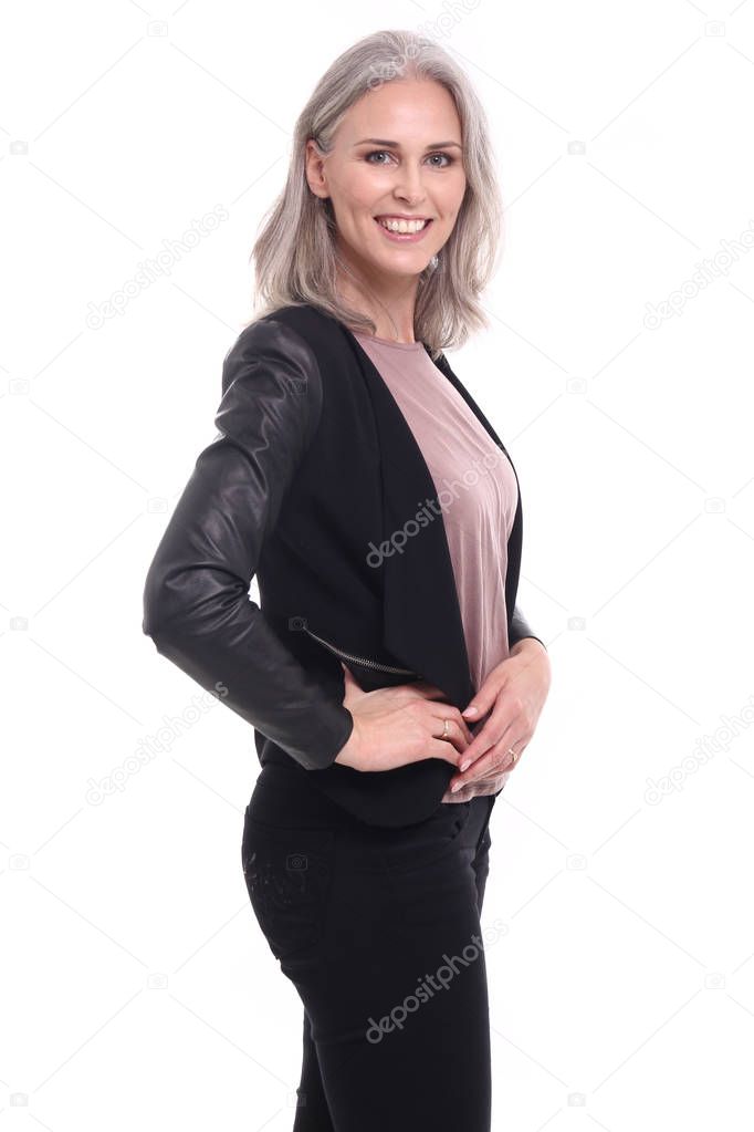 Beautiful caucasian woman in front of a white background