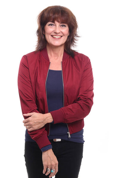 Beautiful happy woman in front of a white background
