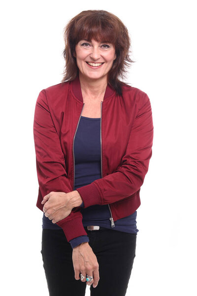 Beautiful happy woman in front of a white background