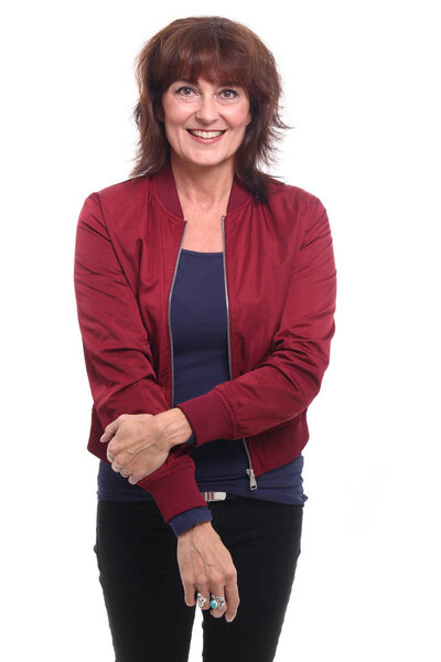 Beautiful happy woman in front of a white background