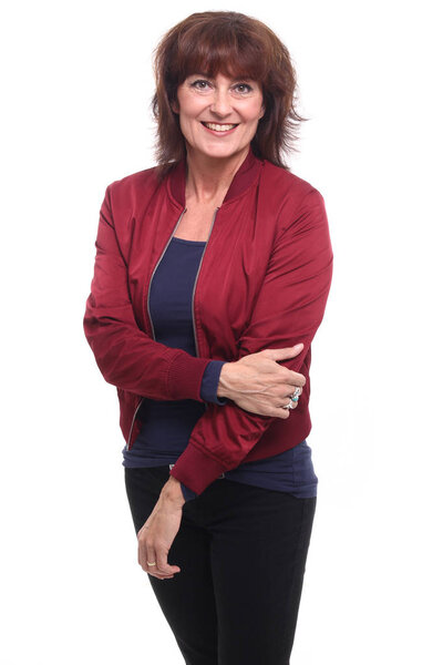Beautiful happy woman in front of a white background