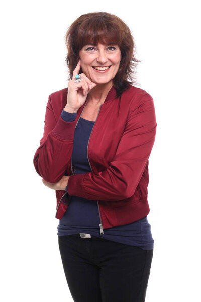Beautiful happy woman in front of a white background