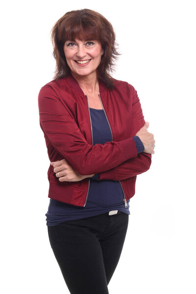 Beautiful happy woman in front of a white background