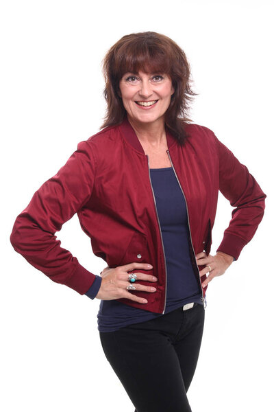 Beautiful happy woman in front of a white background