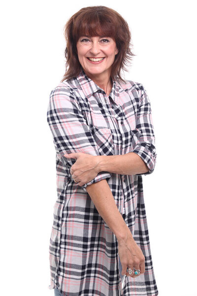 Beautiful happy woman in front of a white background
