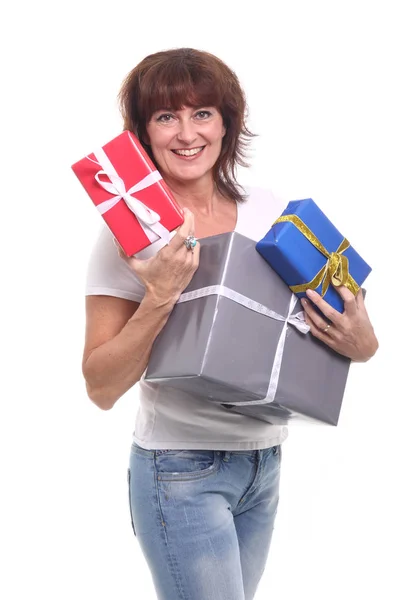 Hermosa Mujer Feliz Delante Fondo Blanco — Foto de Stock