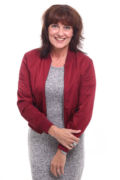Beautiful happy woman in front of a white background