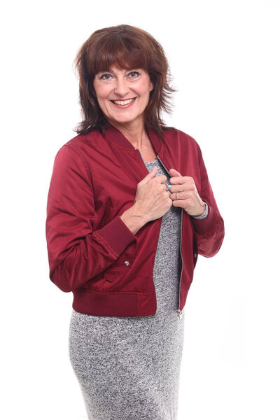 Beautiful happy woman in front of a white background