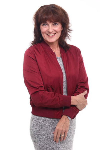 Beautiful happy woman in front of a white background