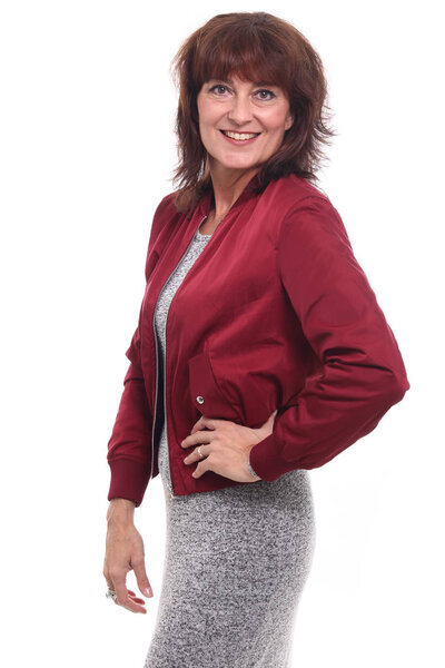 Beautiful happy woman in front of a white background