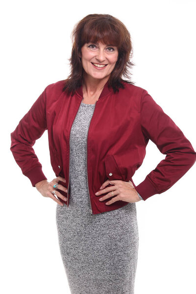 Beautiful happy woman in front of a white background