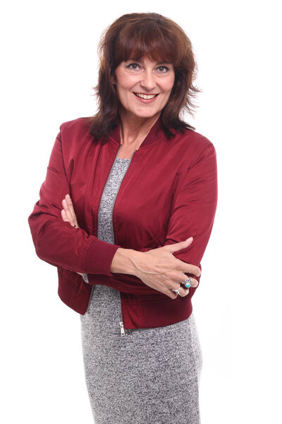 Beautiful happy woman in front of a white background