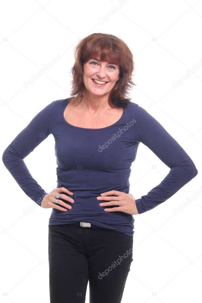 Beautiful happy woman in front of a white background