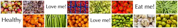 Szép egészséges gyümölcsök és zöldségek elkülönítve együtt — Stock Fotó