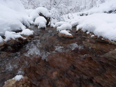 Kışın kar yağdı shore ile kil renkli Nehri