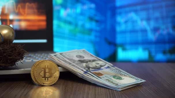 Goldenes Bitcoin Digitalgeld Und Dollar — Stockvideo