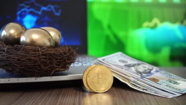 Zlatá Vejce Bitcoin Digitální Peníze Dolar Budoucí Investice Koncept — Stock video