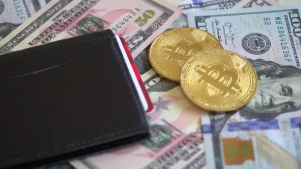 Bitcoin Dollar Mit Brieftasche Und Kreditkarte — Stockvideo