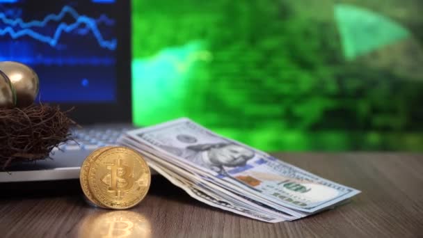 Gouden Bitcoin Digitaal Geld Dollar Toekomstige Investeringen Concept — Stockvideo