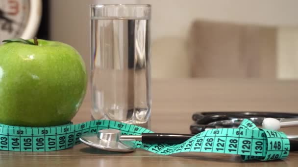 Еда Здоровья Apple Вода Стетоскоп — стоковое видео