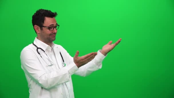 Γιατρός Κάνει Παρουσιάζοντας Χειρονομία Χέρια Αριστερή Πλευρά — Αρχείο Βίντεο
