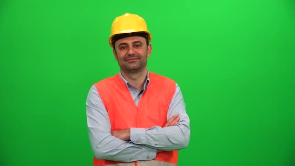 Engineer Construction Worker Looking Green Background — Stock Video