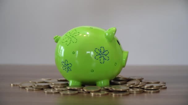 Geld Besparen Munten Aanbrengend Een Piggy Bank — Stockvideo