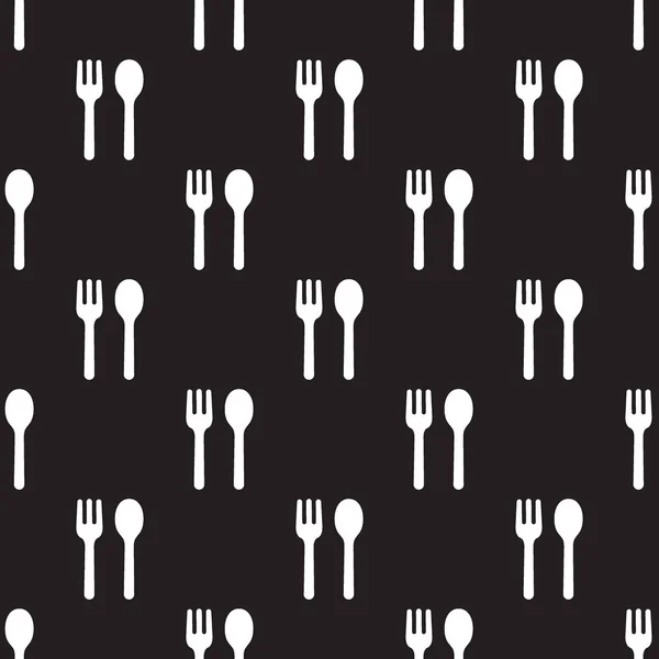 Seamless spoon and fork pattern on black — Stock Vector