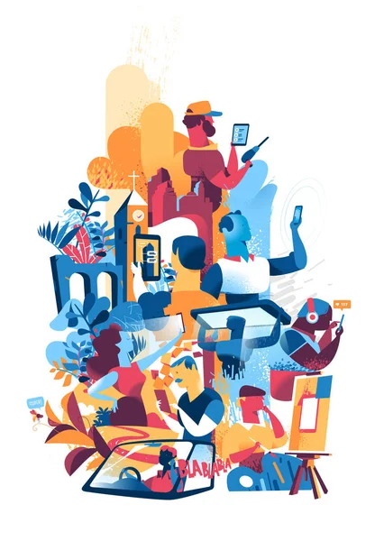 people with gadgets, always connected concept, illustration