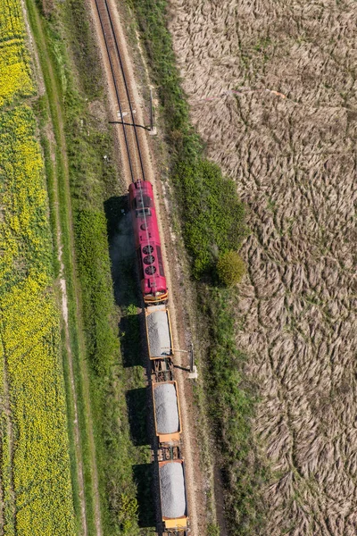 Aerial view of the train on the railway track — Stock Photo, Image