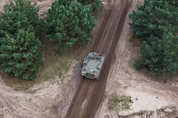 aerial view of the military transporter on the military training ground