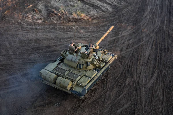 Aerial view of the Tank on the military training ground — Stock Photo, Image