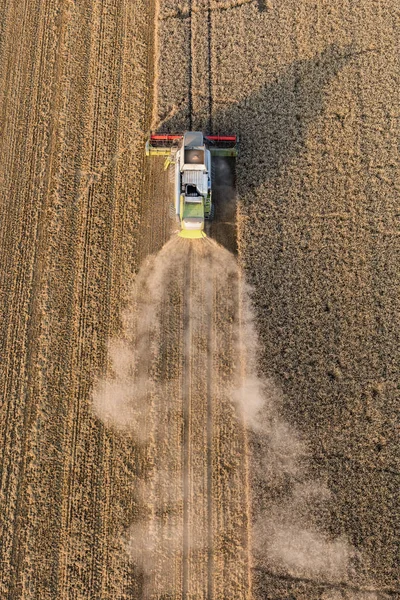 Vista aérea de combinar em campos de colheita — Fotografia de Stock