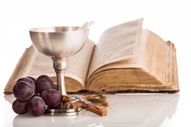 Gümüş kadeh, üzüm, haç ve kutsal İncil ile Hıristiyan kompozisyon