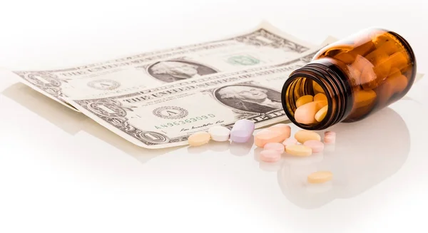 Scattered Medicine Pills Dollars Isolated White Background — Stock Photo, Image