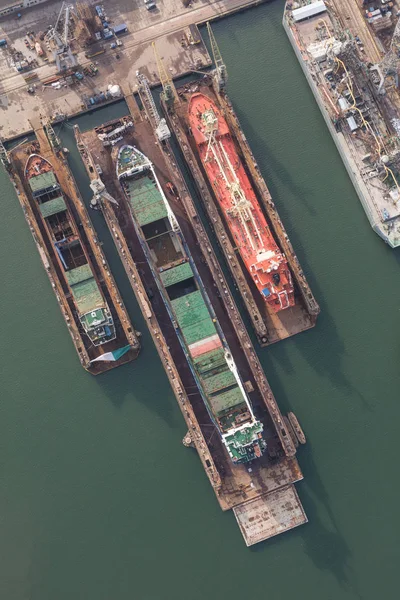 Aerial View Winter Harbor Poland Three Bulk Carriers Docks — Stock Photo, Image