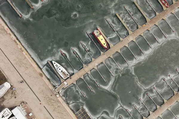 Vue Aérienne Port Hiver Pologne Marina Glacée Avec Yachts — Photo