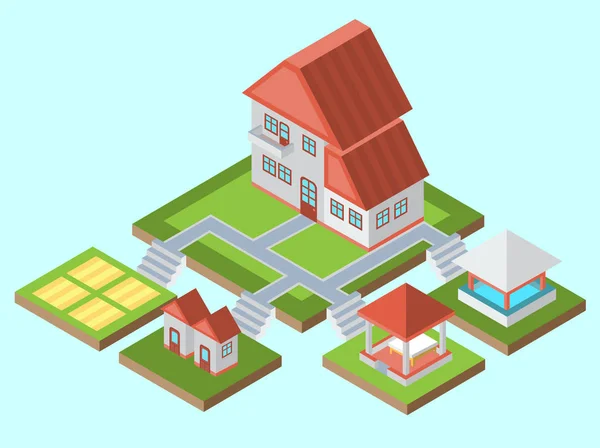 Ein Haus Mit Einem Grundstück Vektorillustration Isometrischer Gebäude Häuser Und — Stockvektor