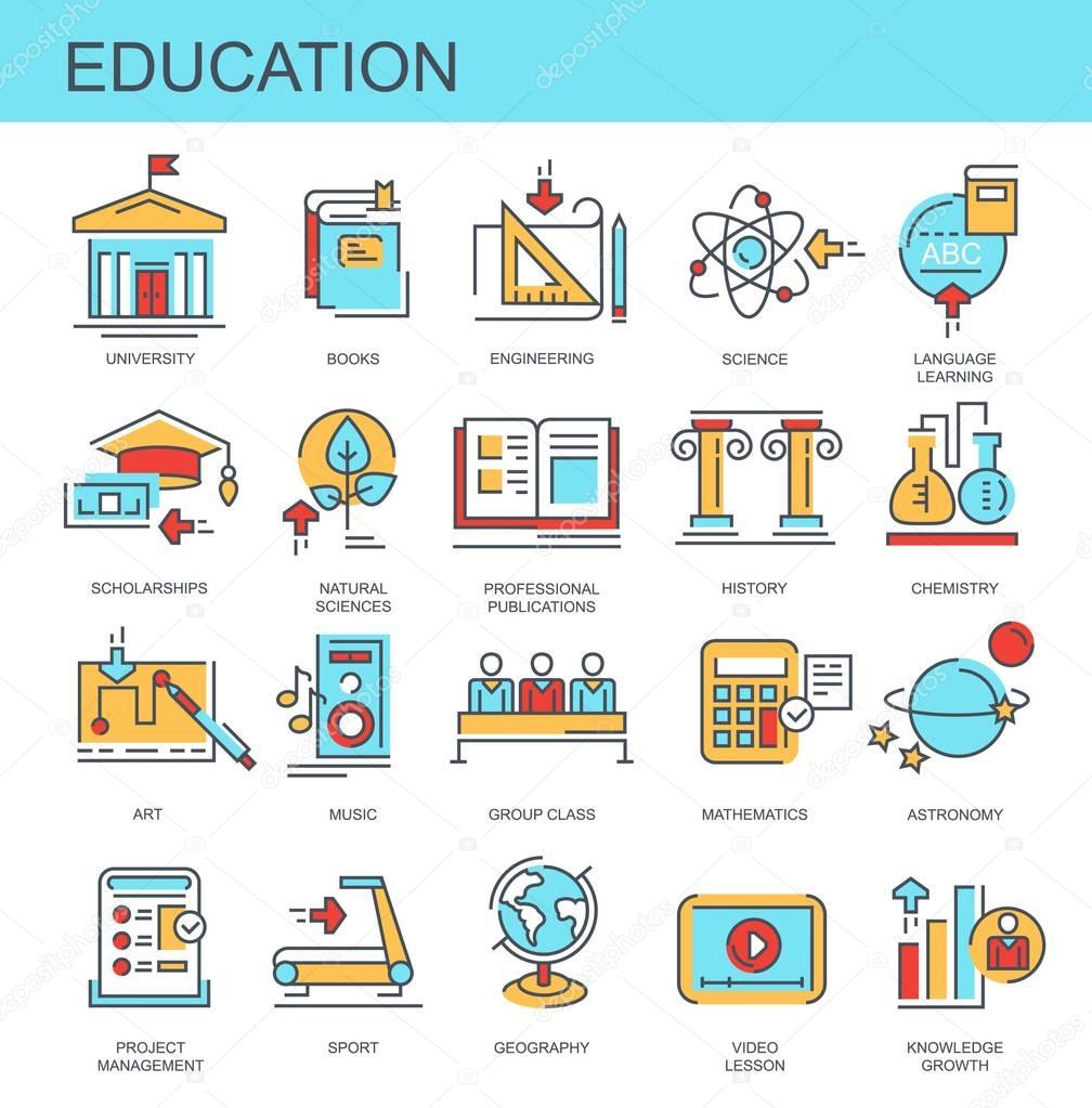 Education. Set of vector, flat icons. Set contains icons such as university, books, sports.