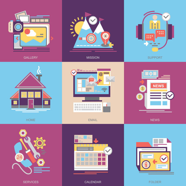 Обычное. Набор векторных плоских иконок, концепция, набор содержит такие иконки, как поддержка, дом, сервис, новости и другие
.